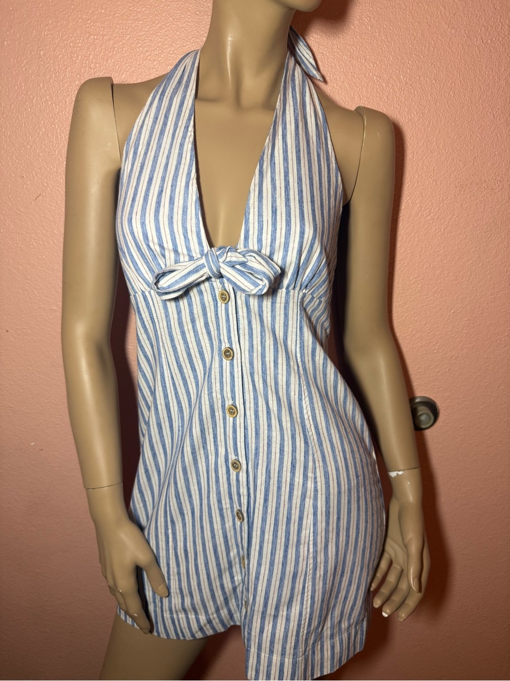 Windsor Blue & White Striped Halter Mini Dress Tie Front Button Down S